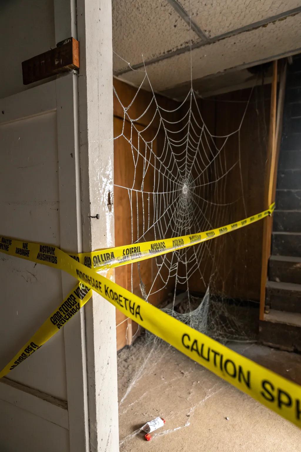 A creepy corner featuring warning ribbon and cobwebs.