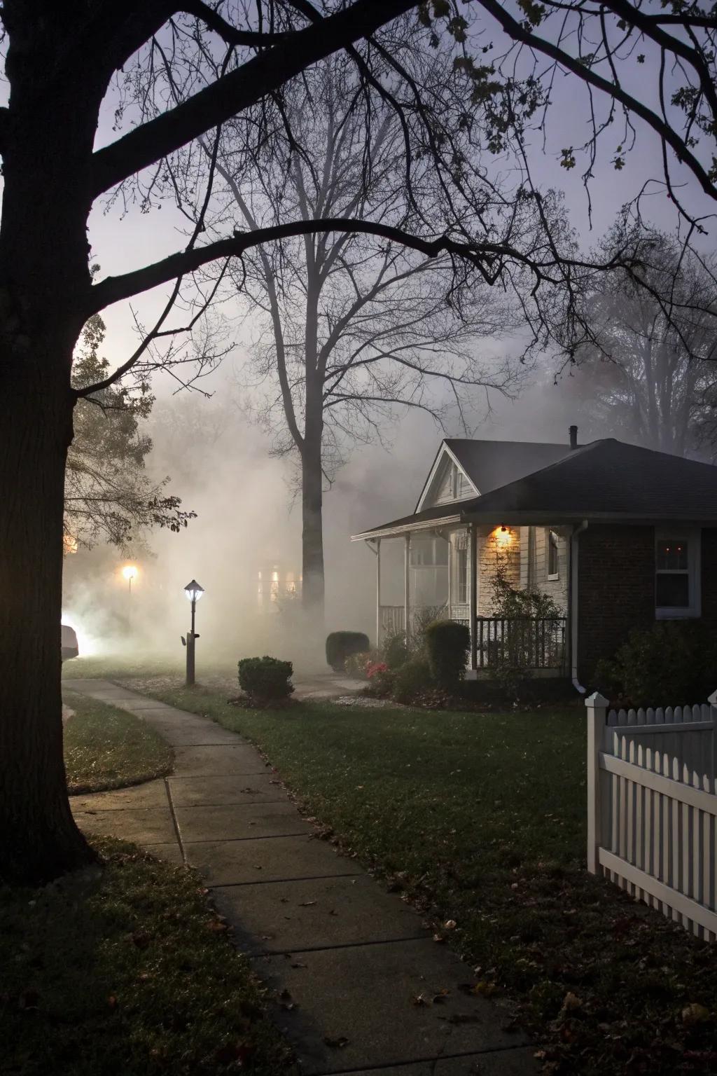 Eerie fog meandering through a Halloween-themed yard.