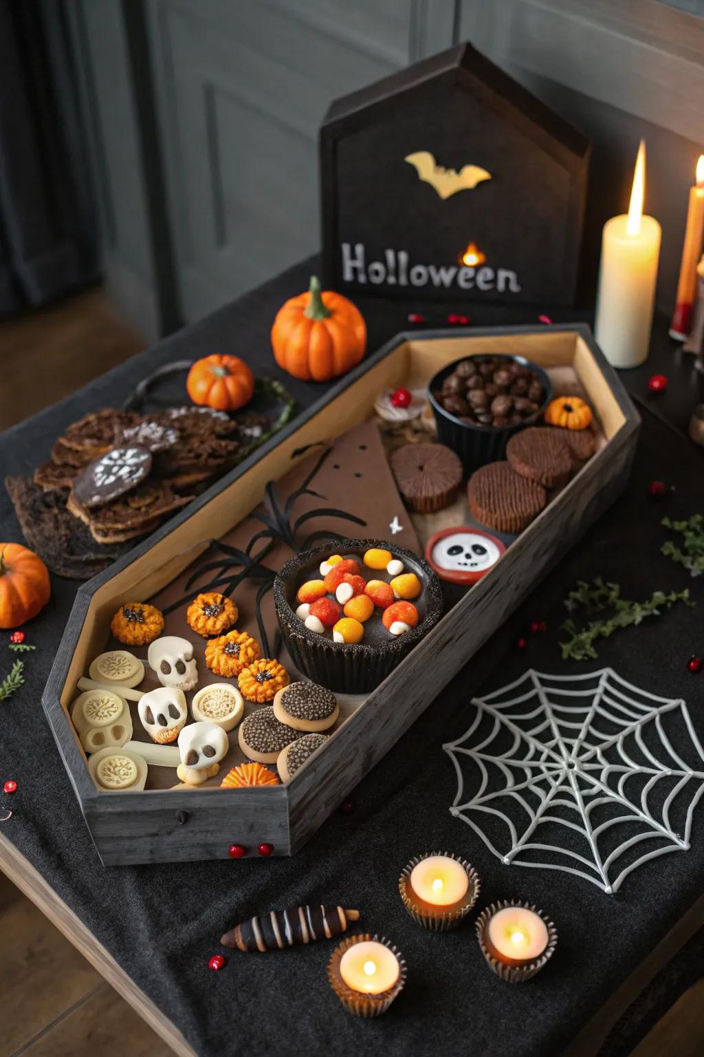 Serve treats from a coffin-shaped treat table.