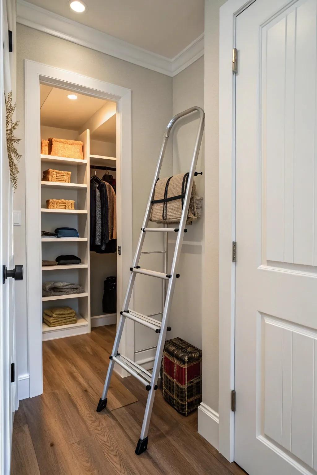 Foldable ladder neatly stored in a hallway closet, ready for reaching high shelves.