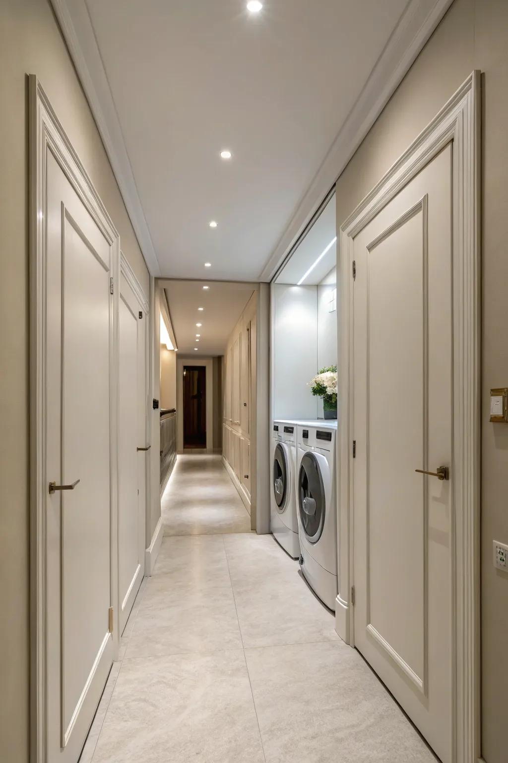 Invisible doors establish a seamless and uncluttered hallway by concealing the laundry room.