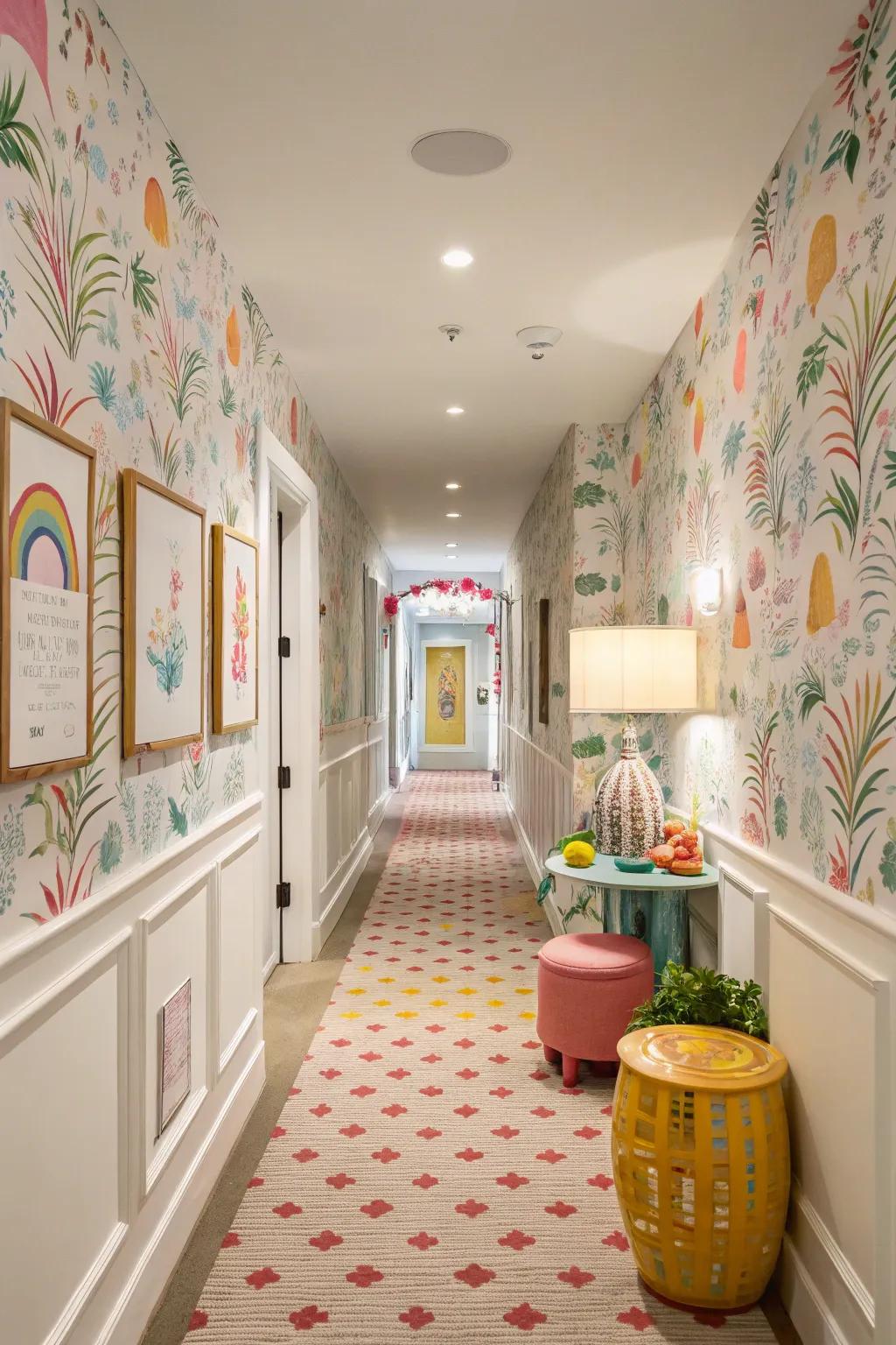 A hallway brimming with elation through quirky patterned surface decor.