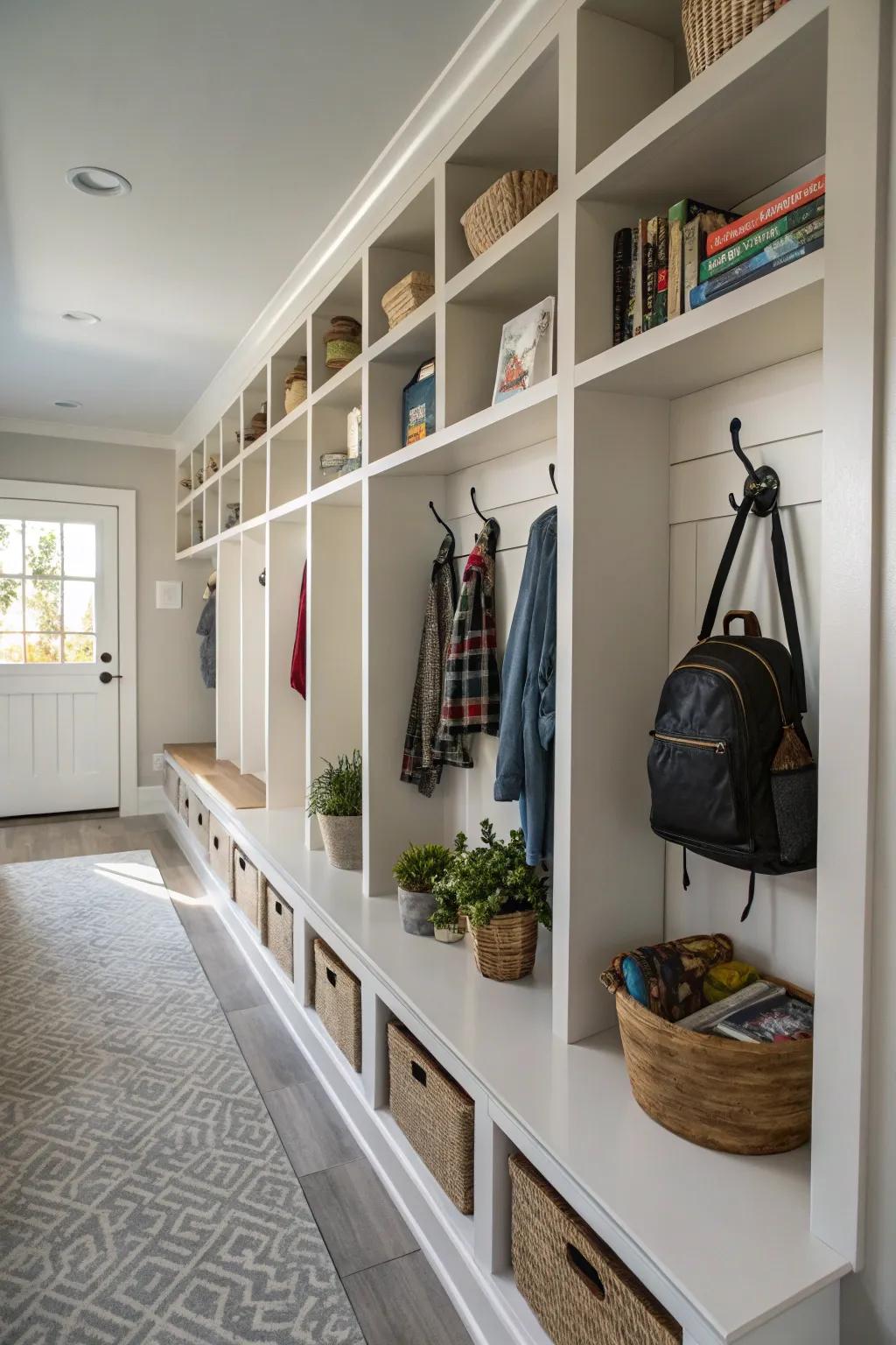 Efficient storage solutions help maintain an organized hallway.