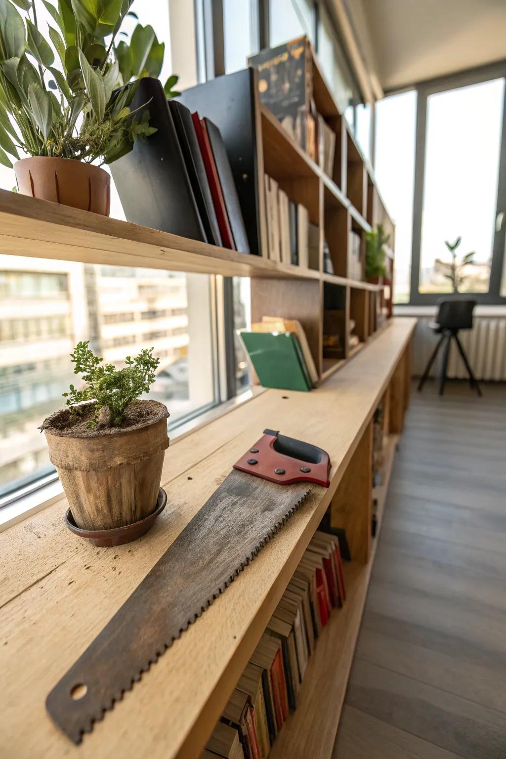 A hand saw transformed into a functional decorative shelf.