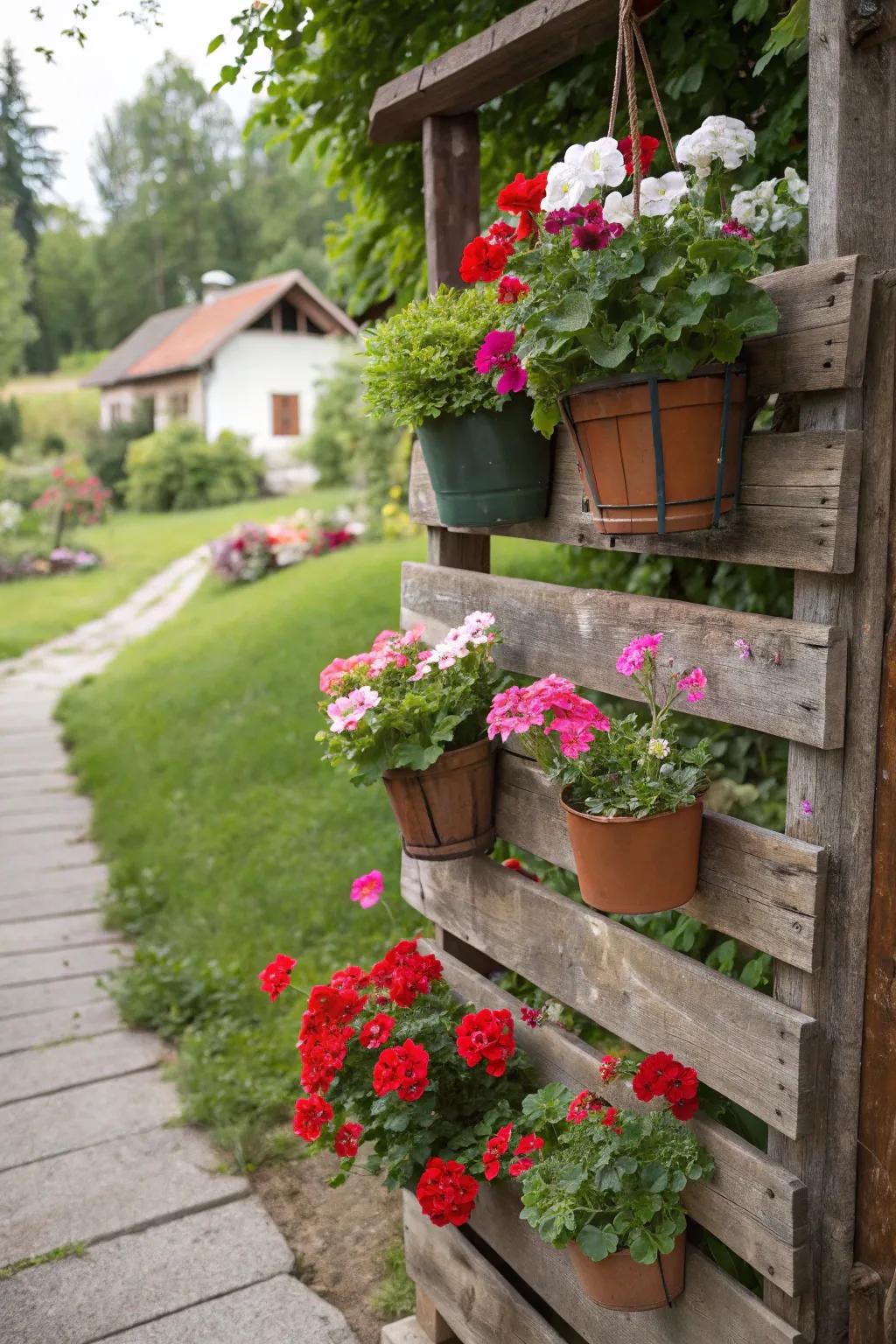 Pallets furnish an eco-conscious backdrop for geraniums.