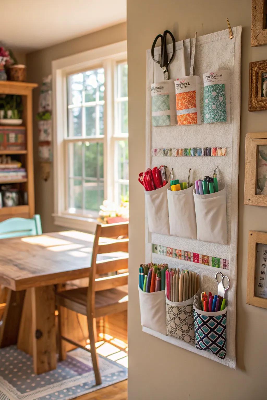 Crafting chambers thrive via arranged wall-affixed supply holders.