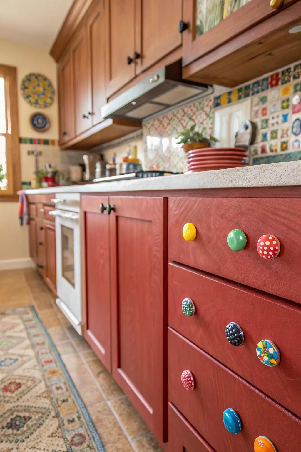 Earthenware knobs contributes through playful colorful pops.