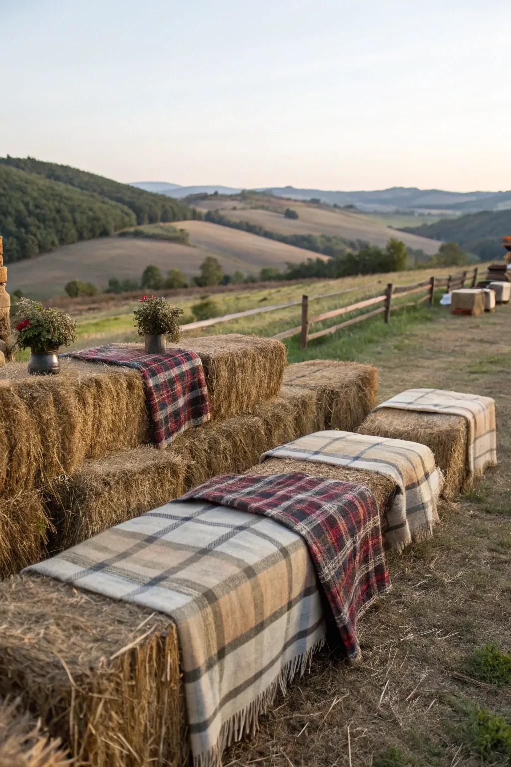 Rustic hay block chairs for a harvest get-together.
