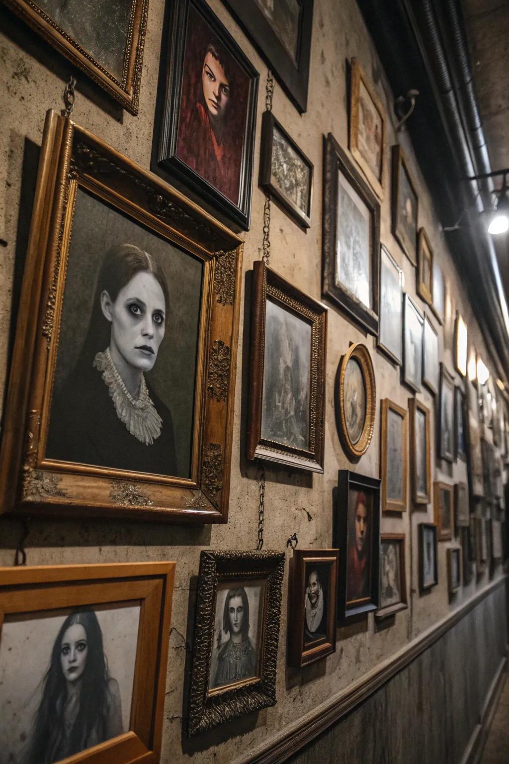 Establish a haunted gallery wall through spooky portrayals.