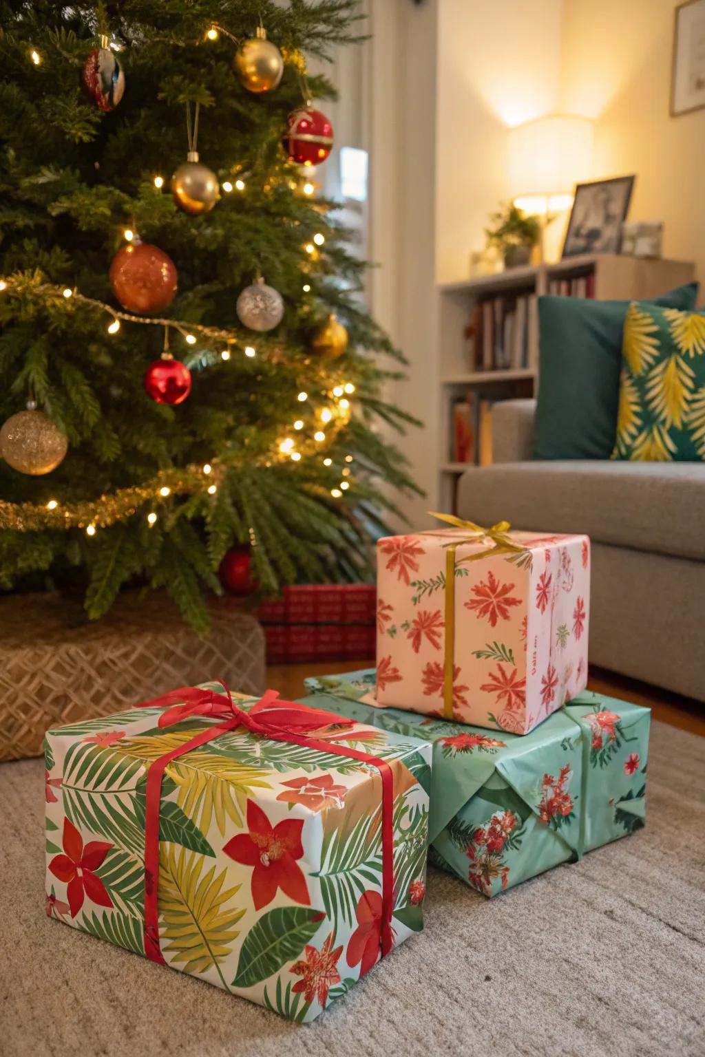 Hawaiian-themed wrapping infuses your Christmas gifts with a touch of the tropics.