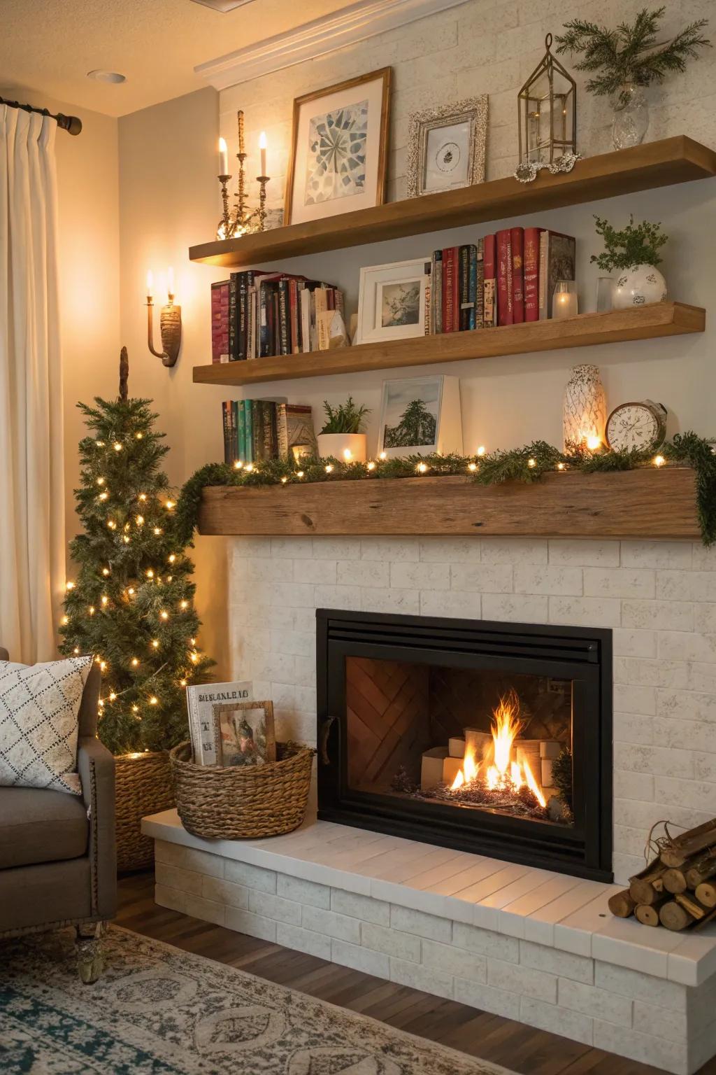 Hanging shelves offer fashionable display options above your fireplace.