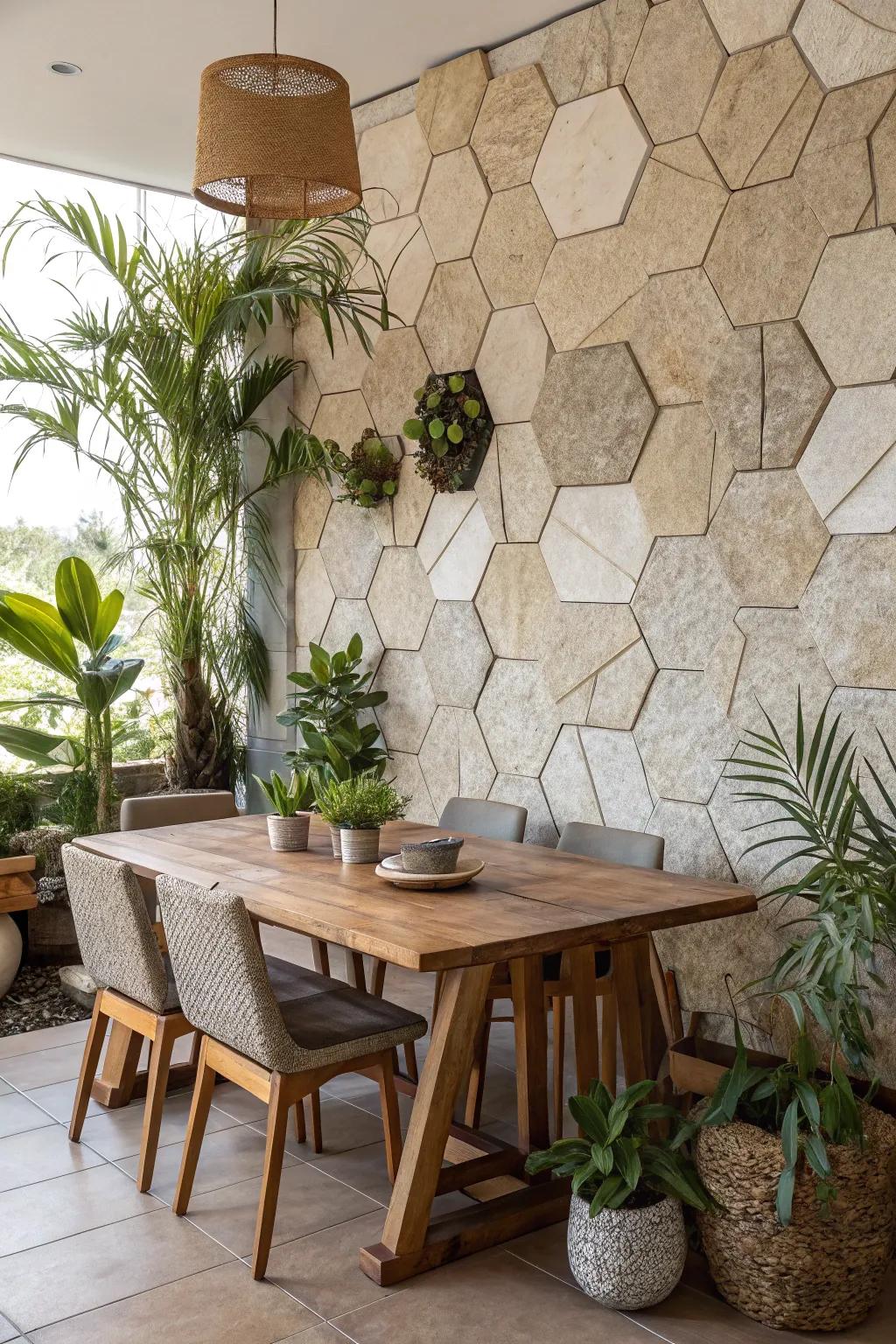 Natural stone hexagons foster a rustic and soothing atmosphere.
