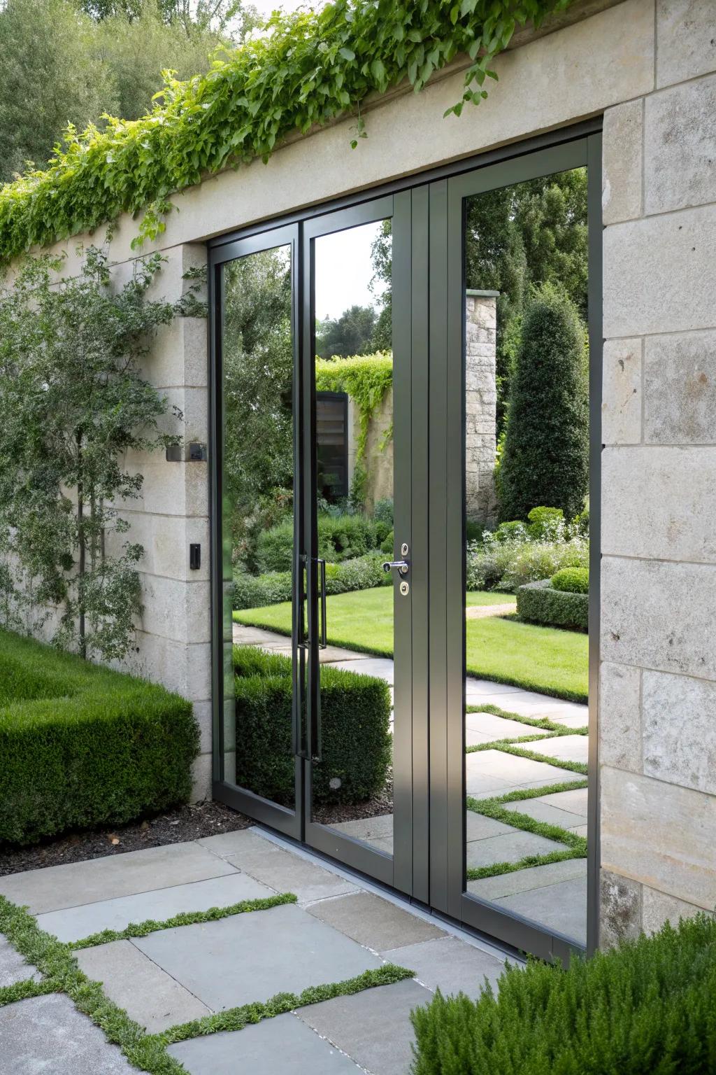 Mirrored boards conceal an entry with reflective elegance.