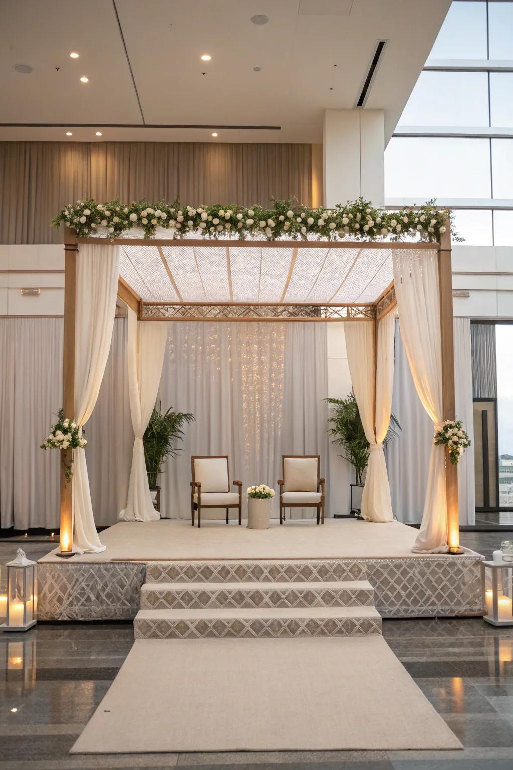 A minimalistic chic mandap through neutral tones and clean lines.
