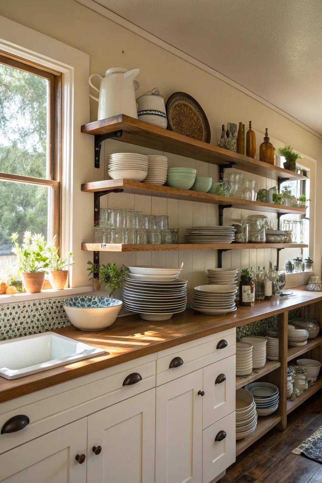 Open shelving offers a stylish and practical solution for kitchens.