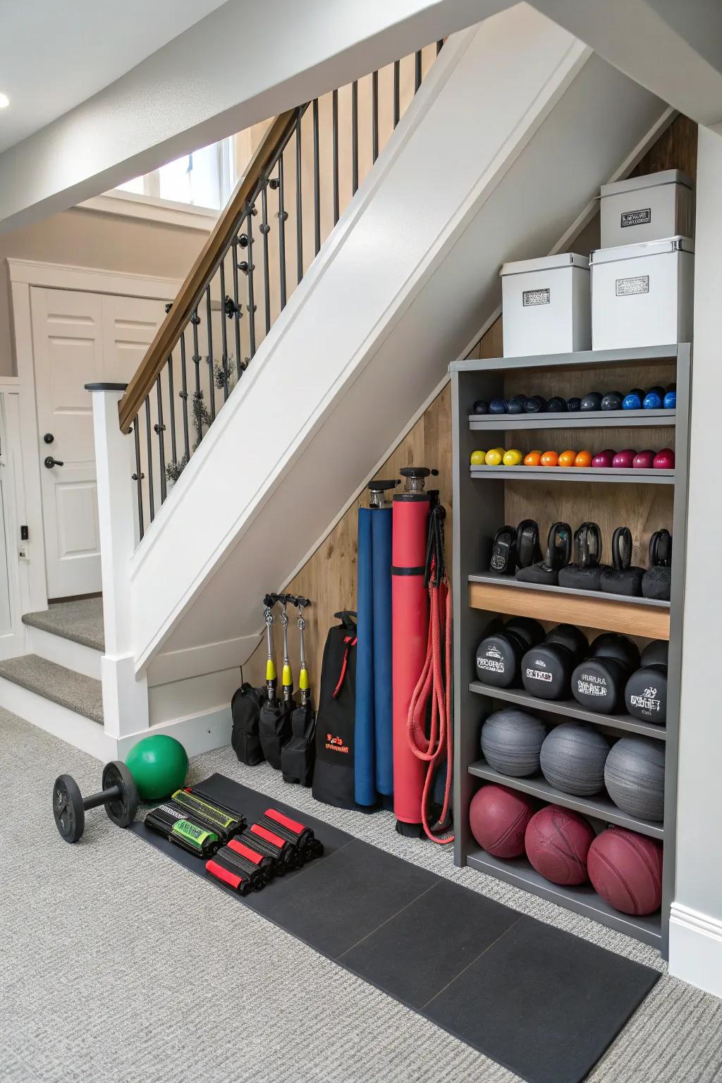 Under-stair storage transforms unused space into practical gym storage.