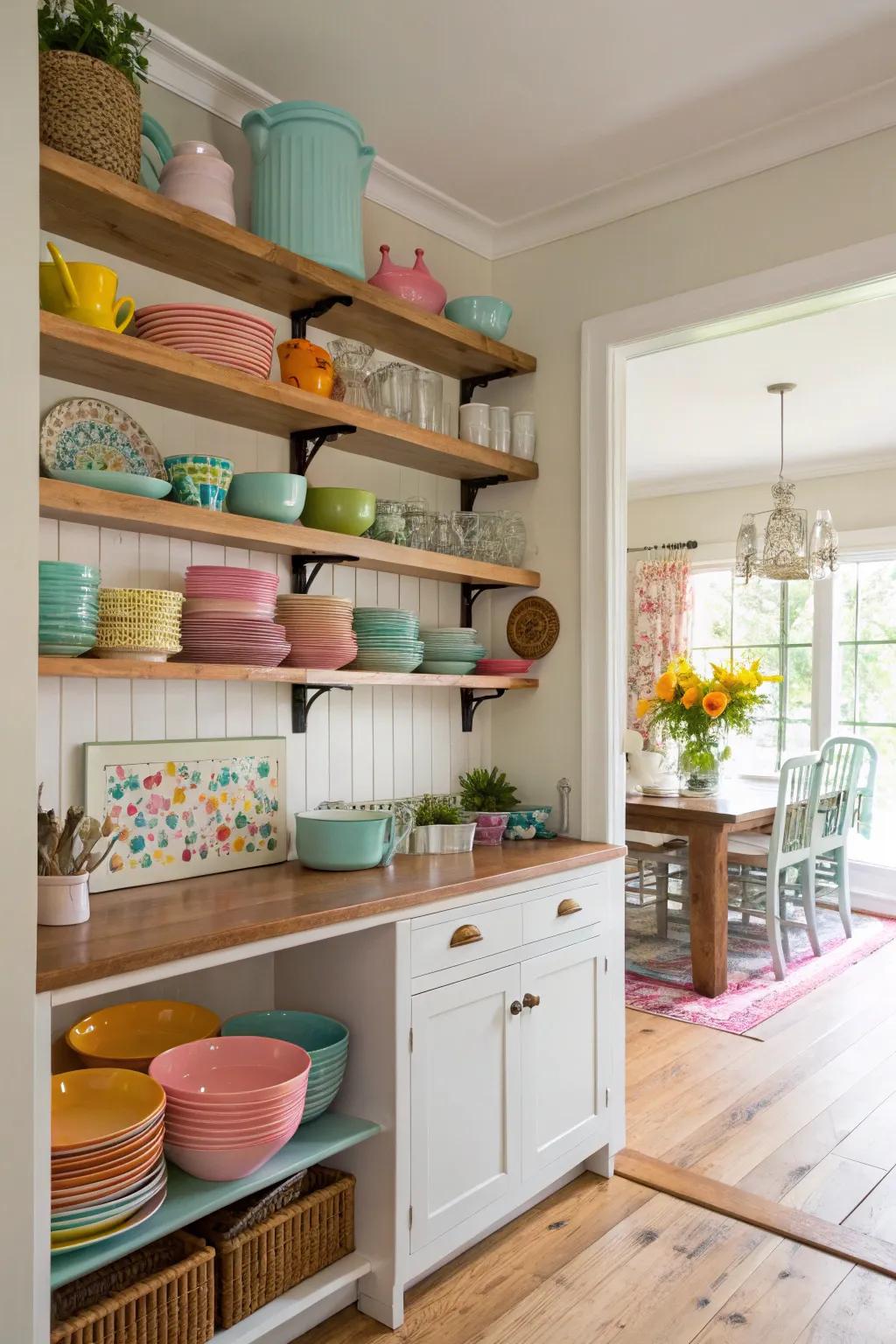 Exposed shelving adds individuality and usefulness to your cooking area.
