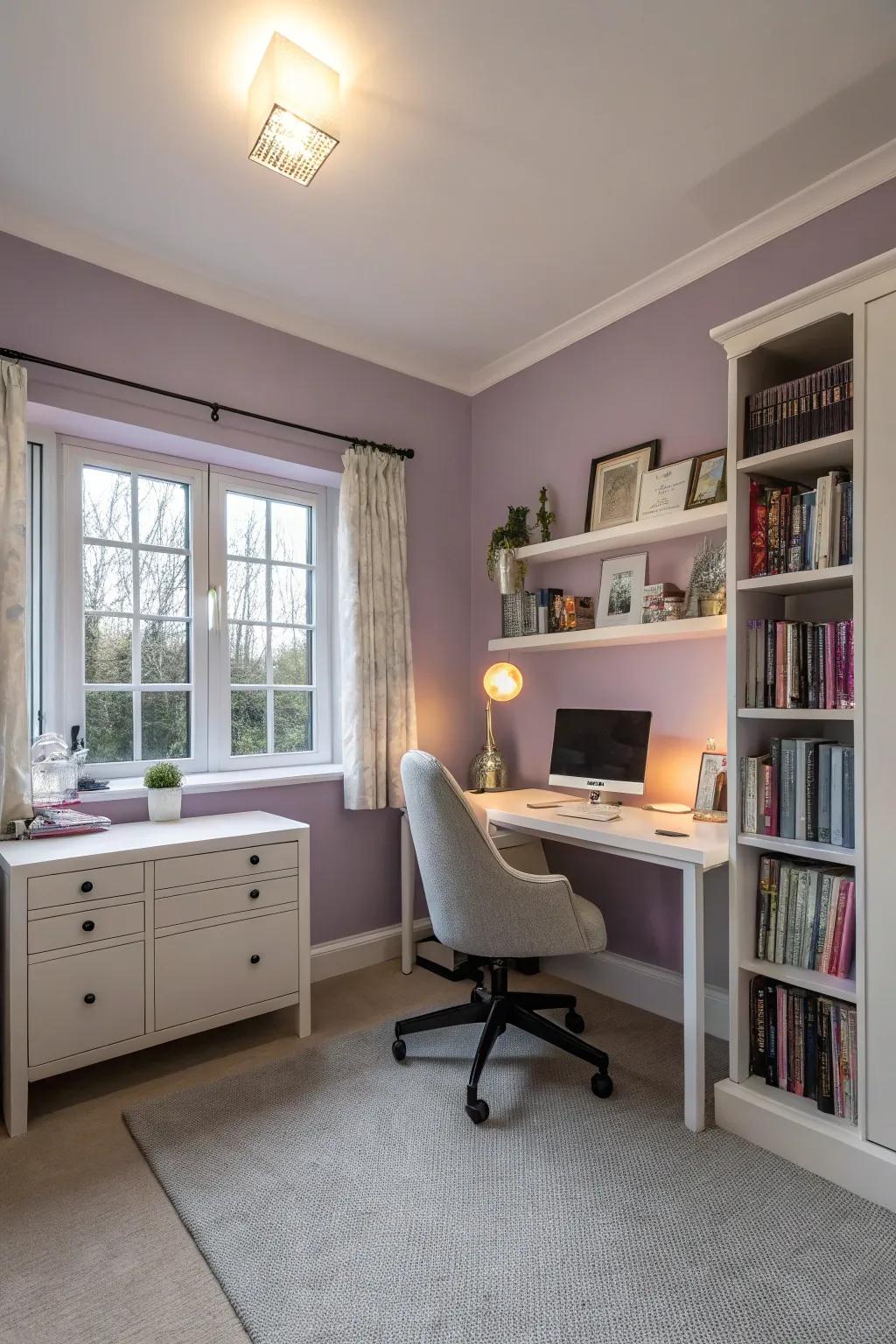 Lavender walls contribute elegance and tranquility to this serene home office.