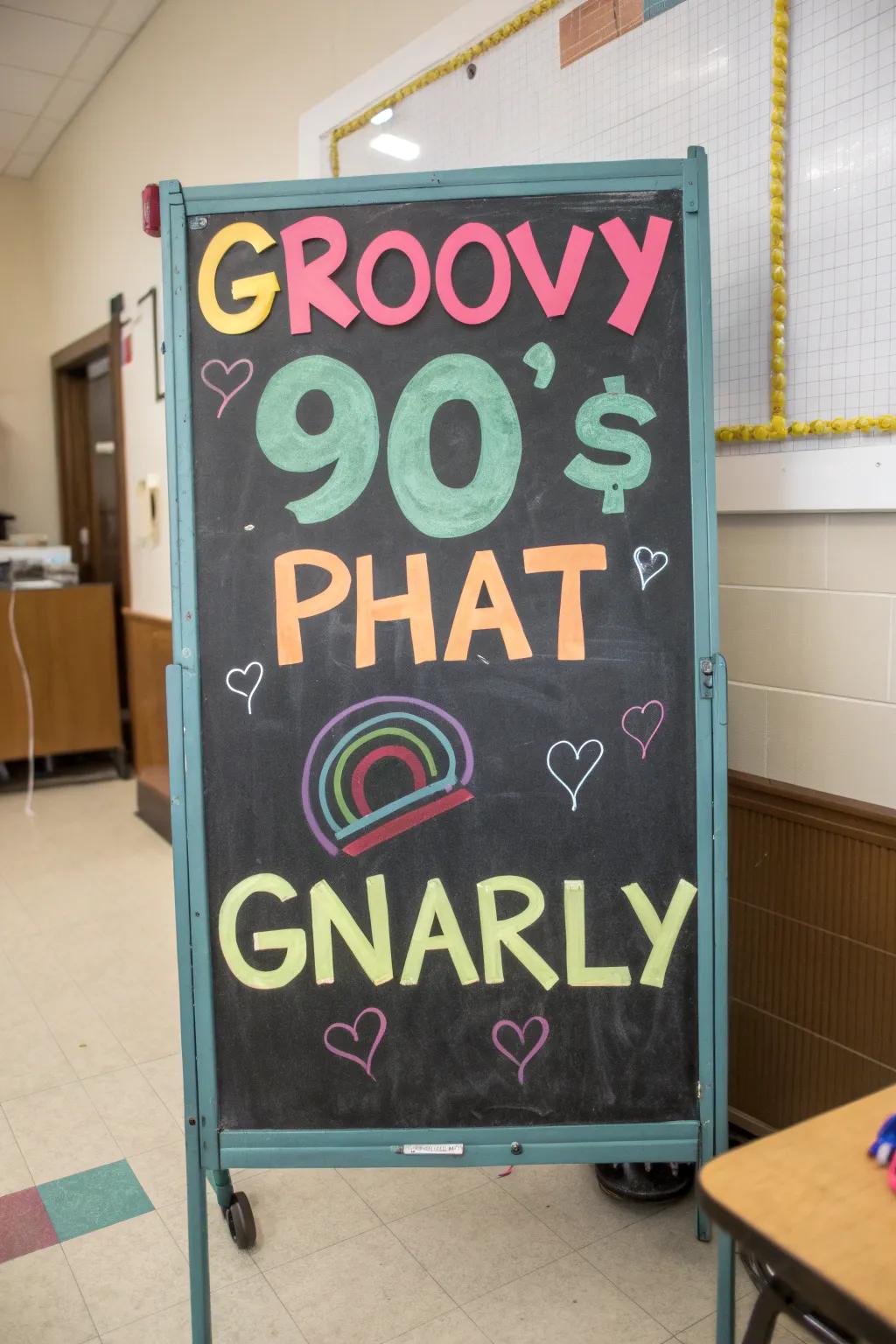 90s slang displayed contributes a cheerful, nostalgic accent.