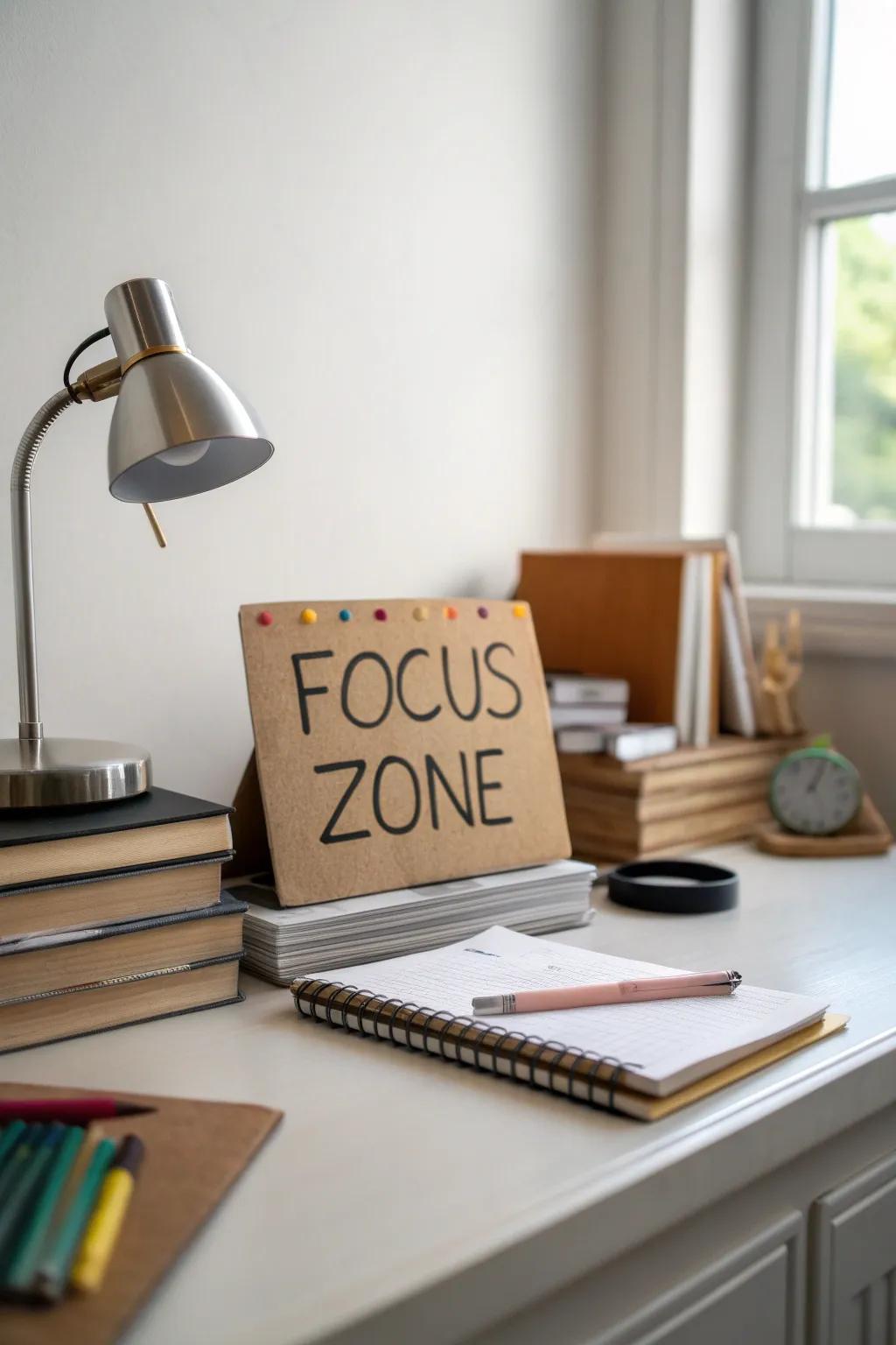 A 'Focus Zone' sign promotes study.
