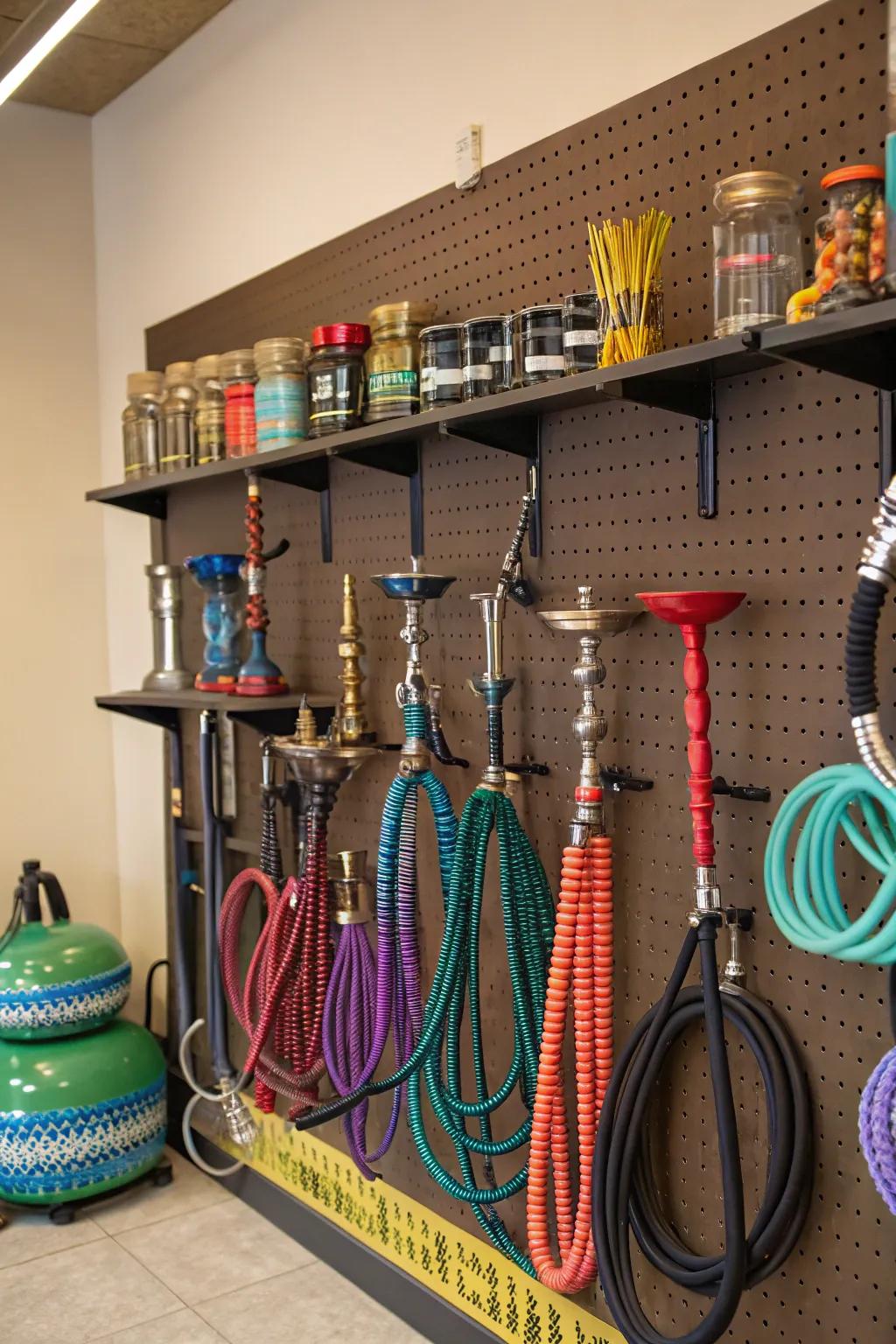 A DIY pegboard provides a customizable organization solution for shisha equipment.