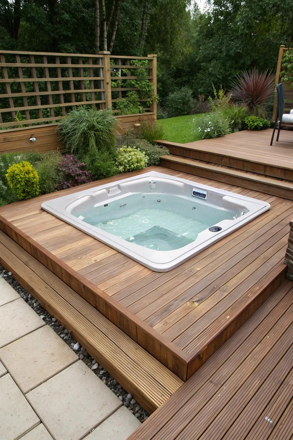 Achieve sleek design by using a sunken hot tub on your deck.