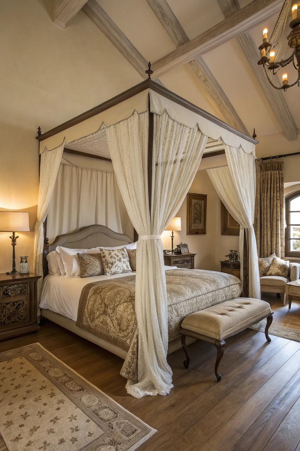 A four-poster bed introduces a dash of majestic opulence.