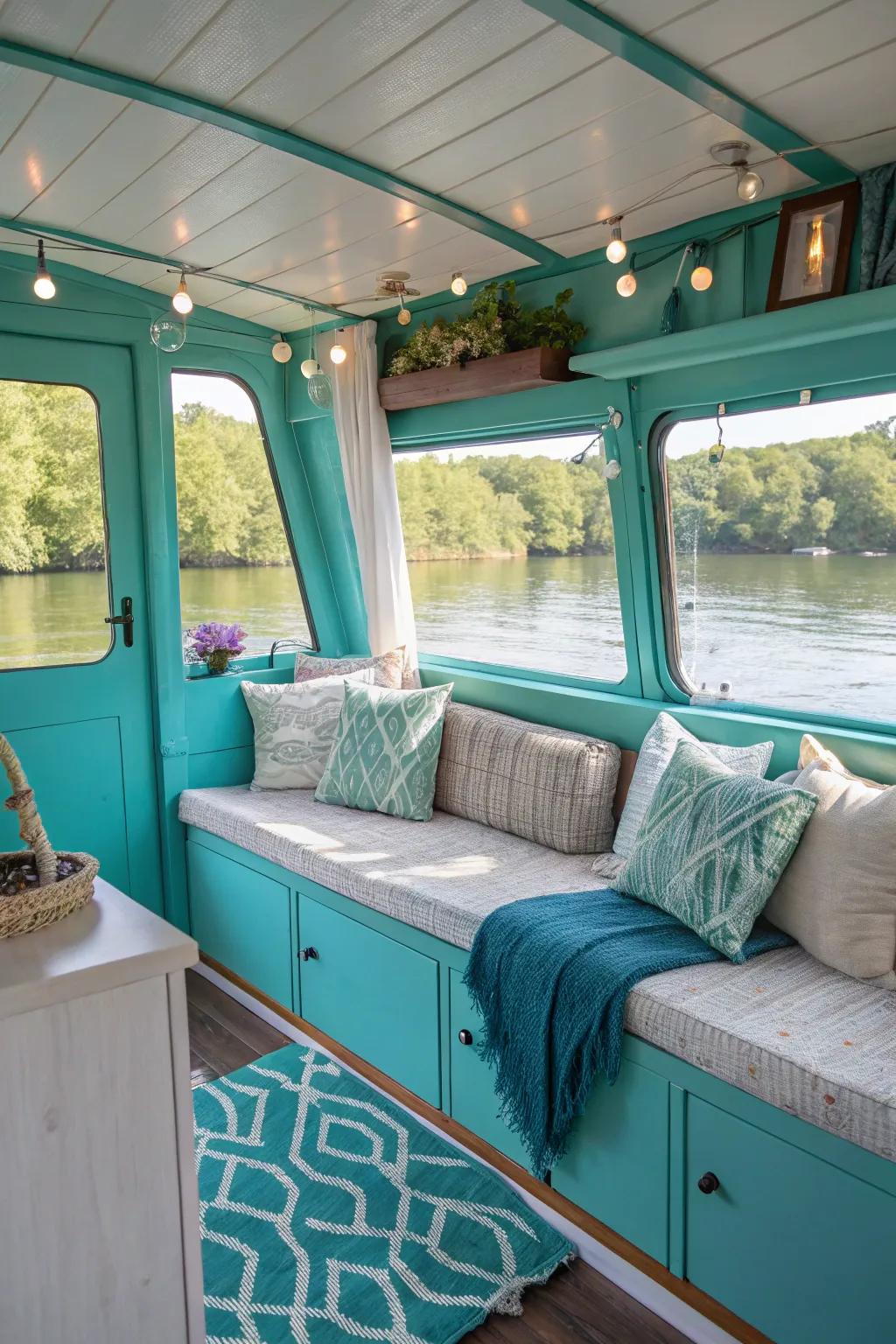 A splash of color brightens the interior of this houseboat.