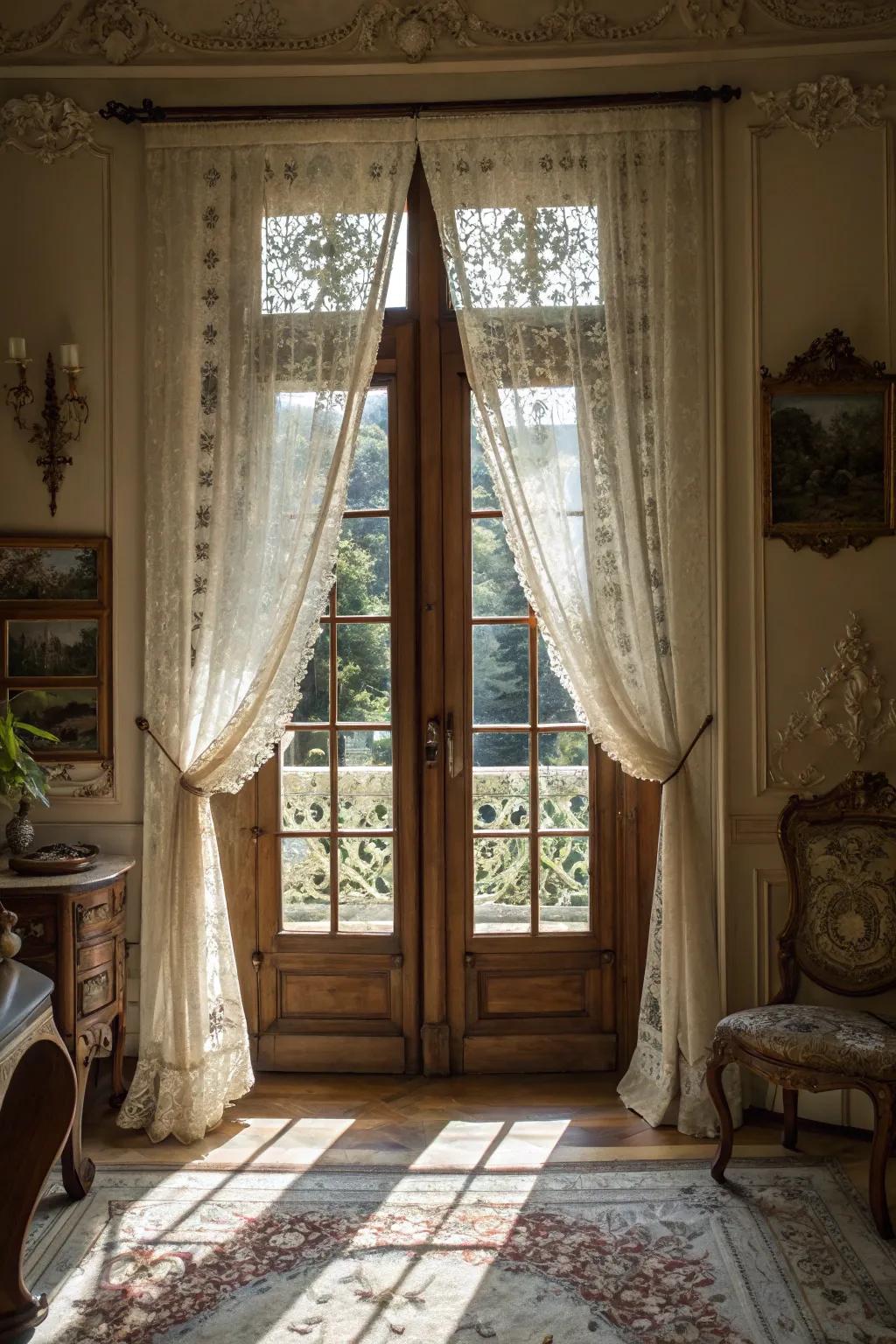 Lace curtains introduce a vintage charm and brightness to French doors.
