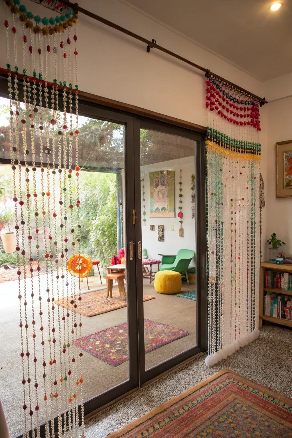 Beaded curtains bring a playful, artistic touch.