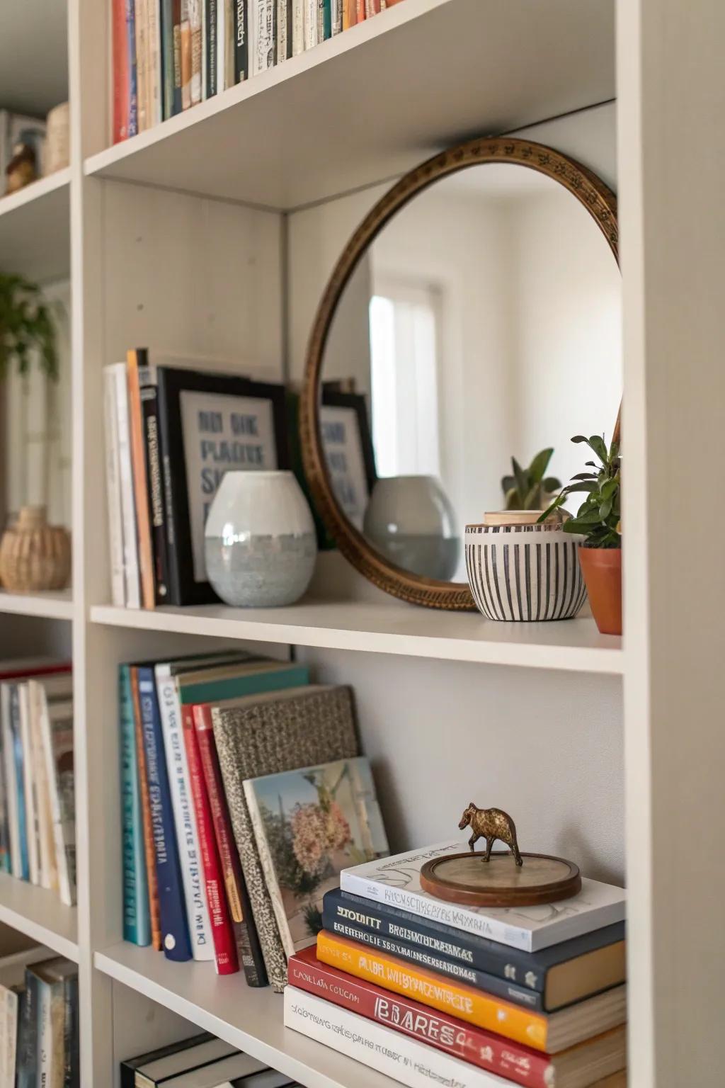 Bookshelf with a mirror adding profundity and reflection.
