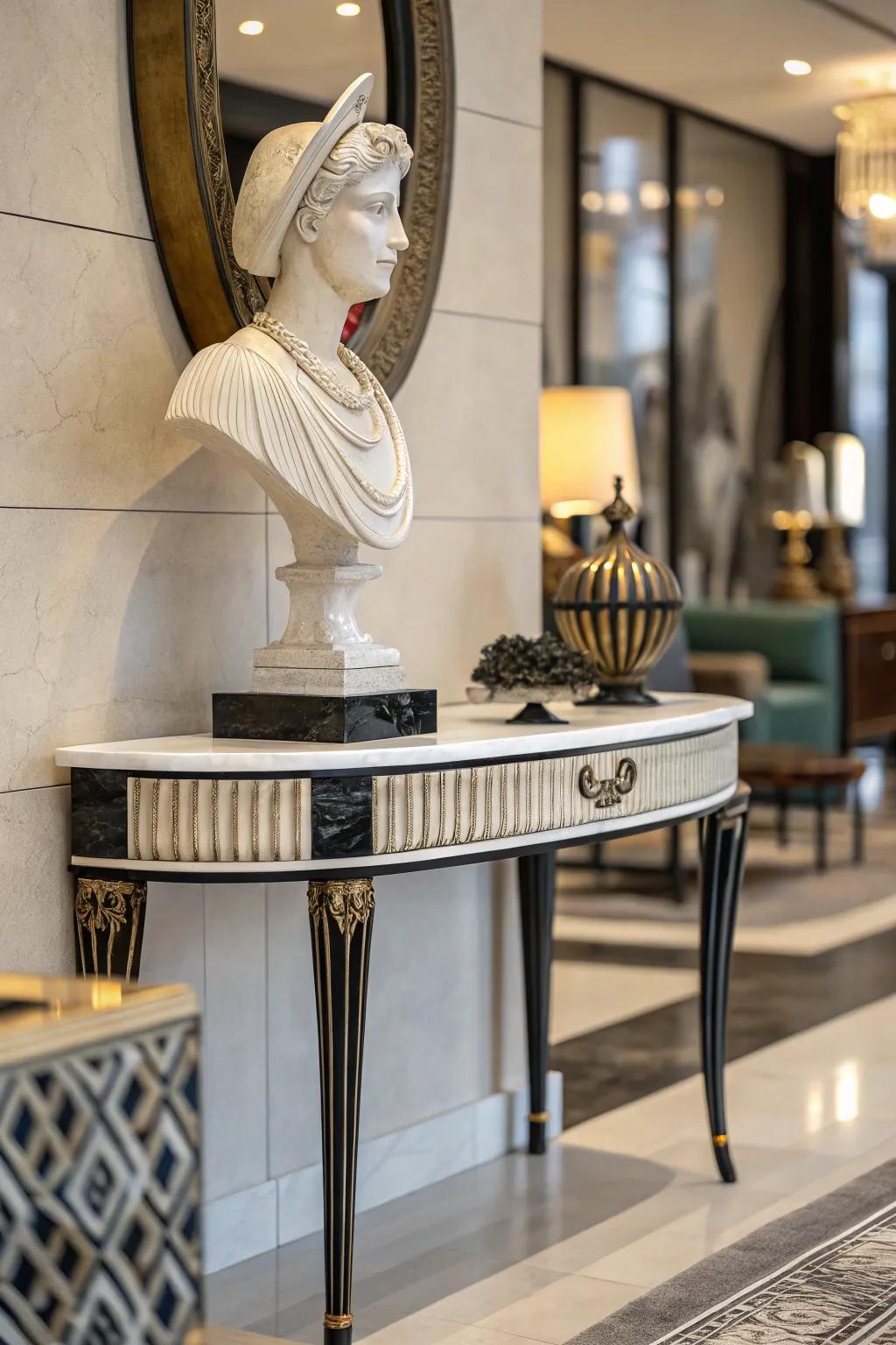 A sculptural piece imparts drama and flair to the console table.
