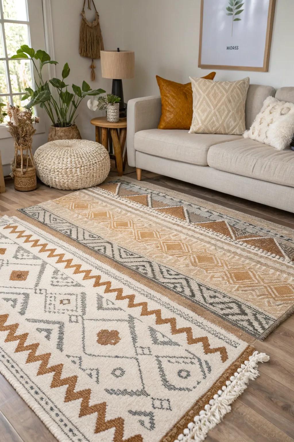 Layered floor coverings increase warmth and delineate areas.