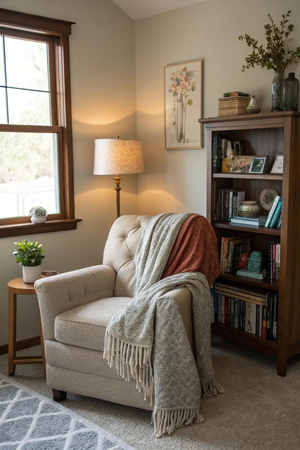 A reading spot offers a cozy place to get away to inside the family room.