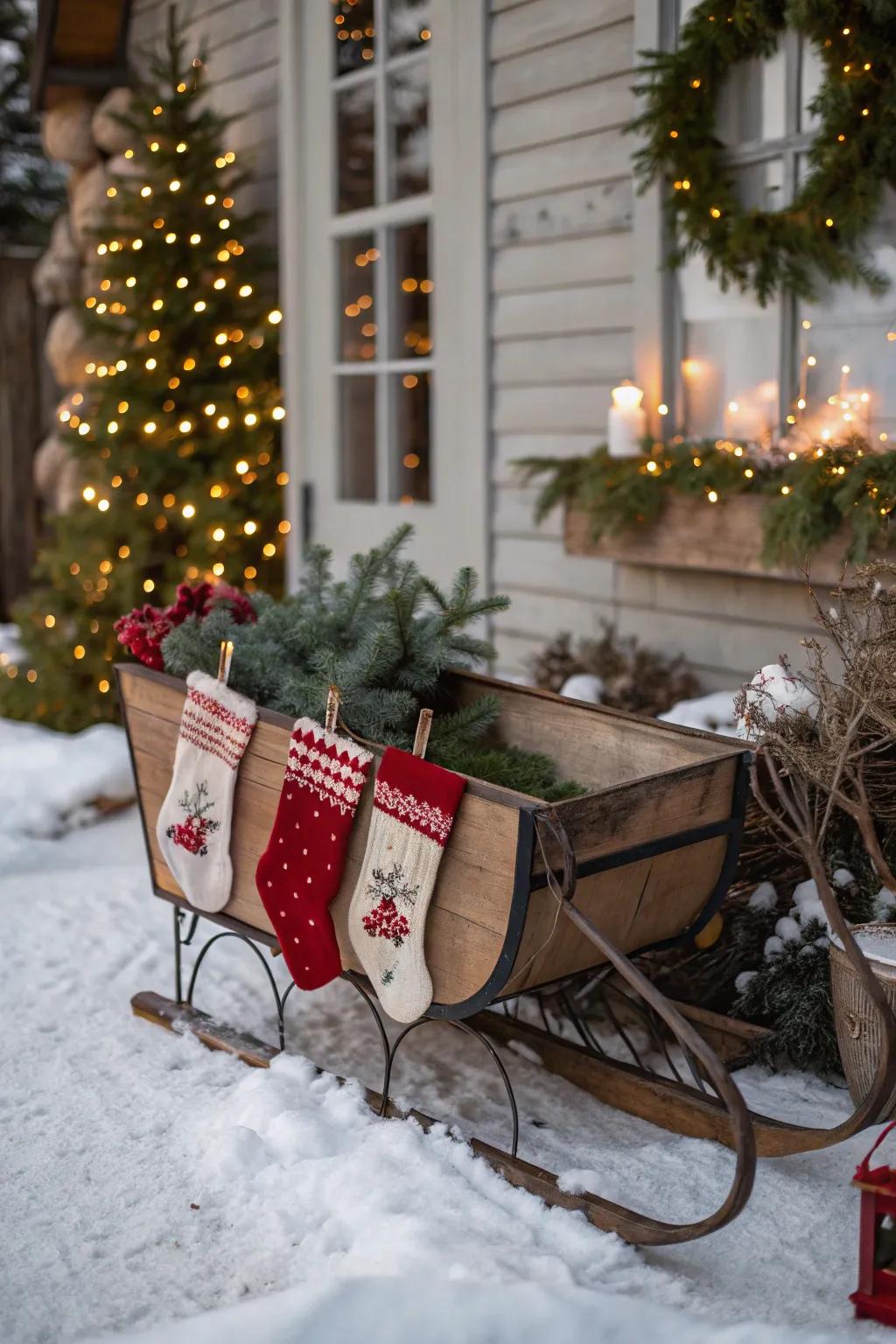 A vintage sled transforms into a rustic stocking stand.