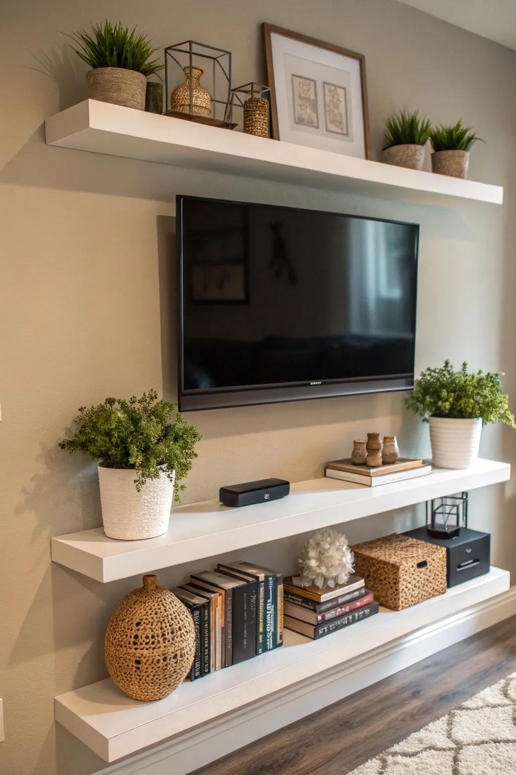 A floating shelf conceals wires and adds display space.