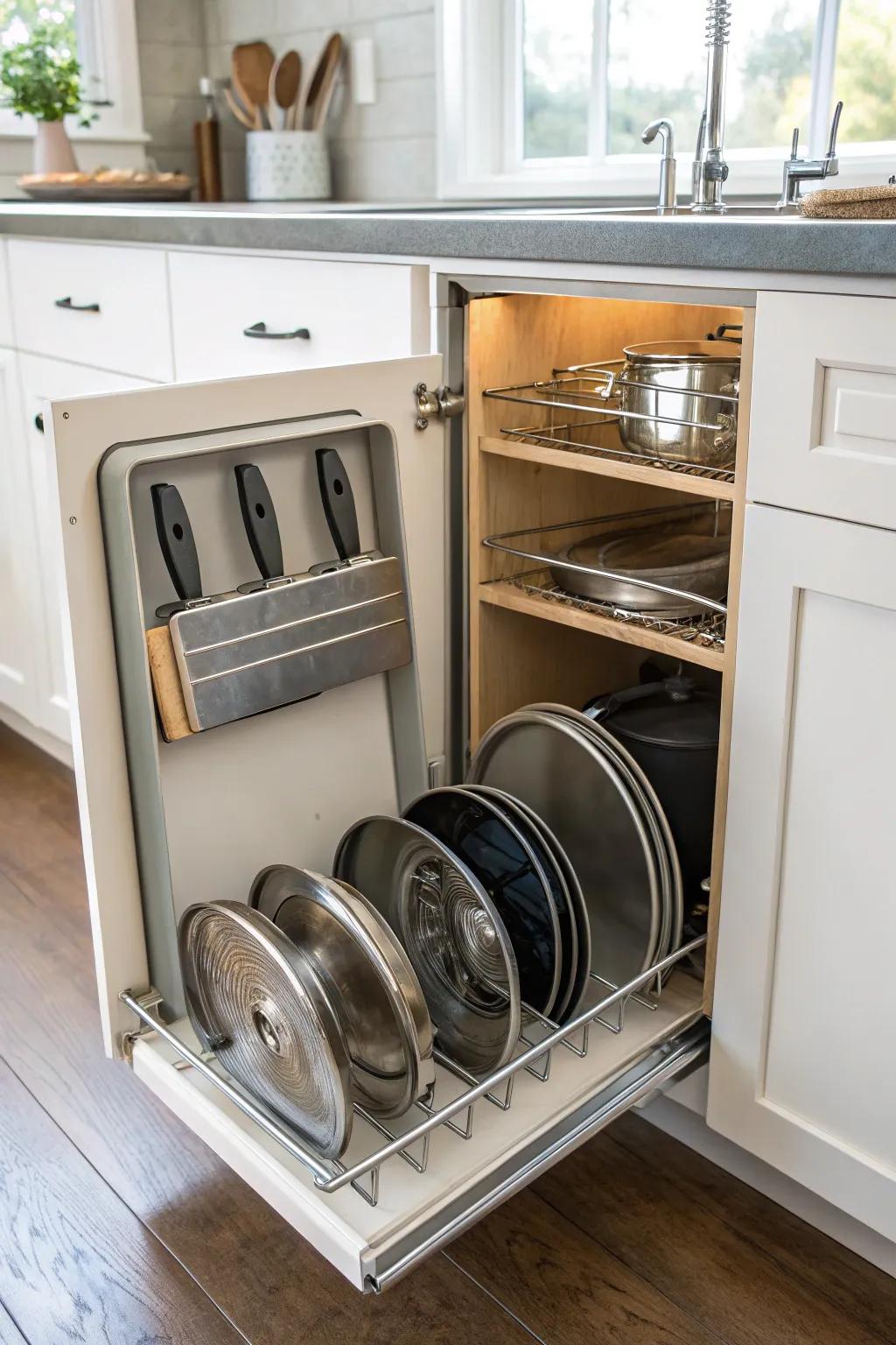 Tension rods keep items upright and neatly organized.