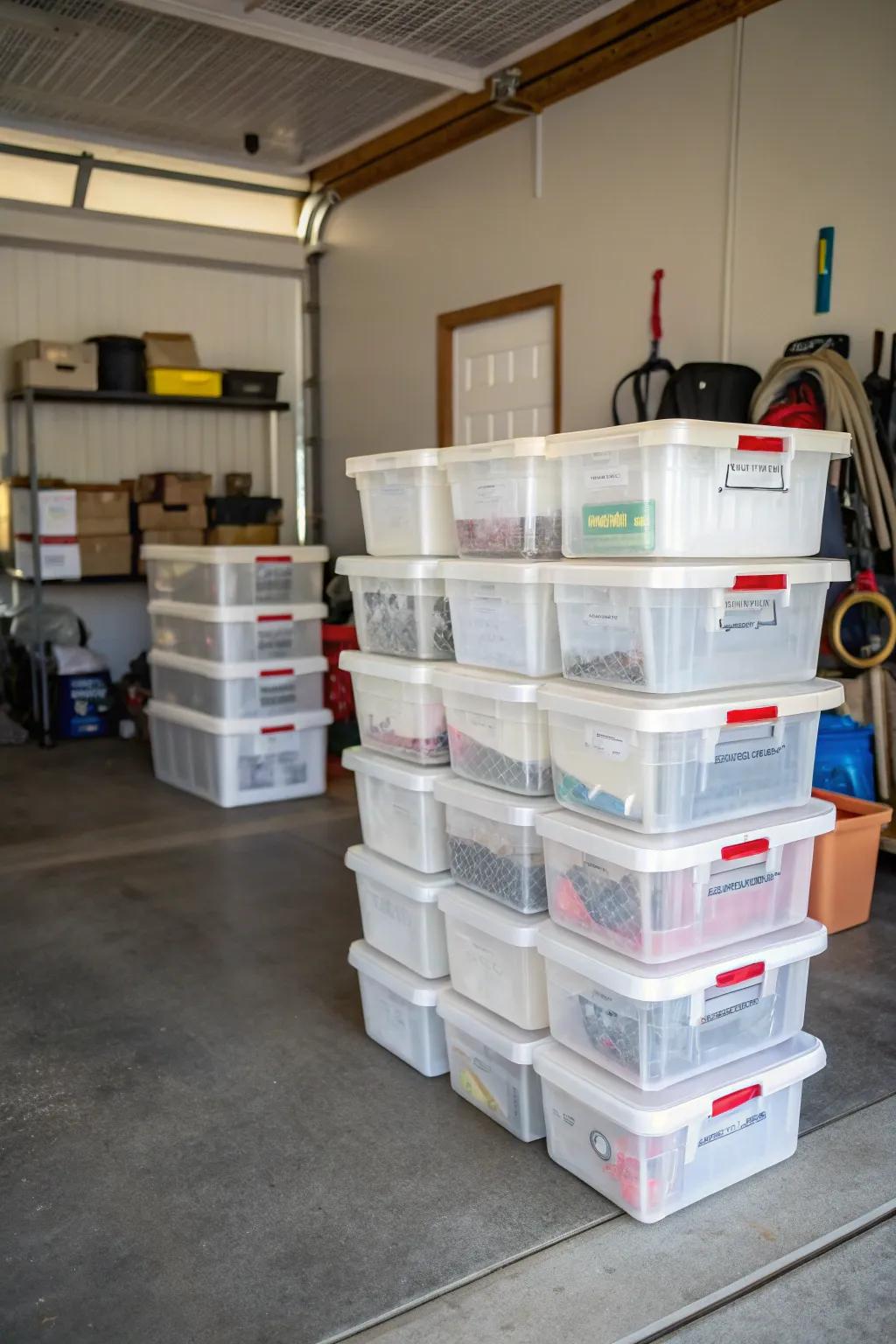 Stackable containers improve vertical space in the storage area.