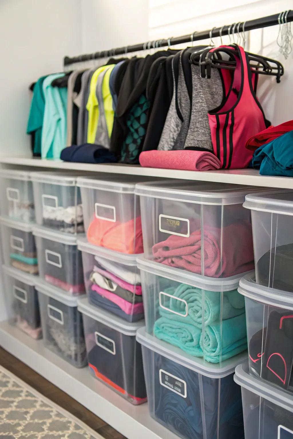 Clear containers displaying neatly arranged workout clothes.