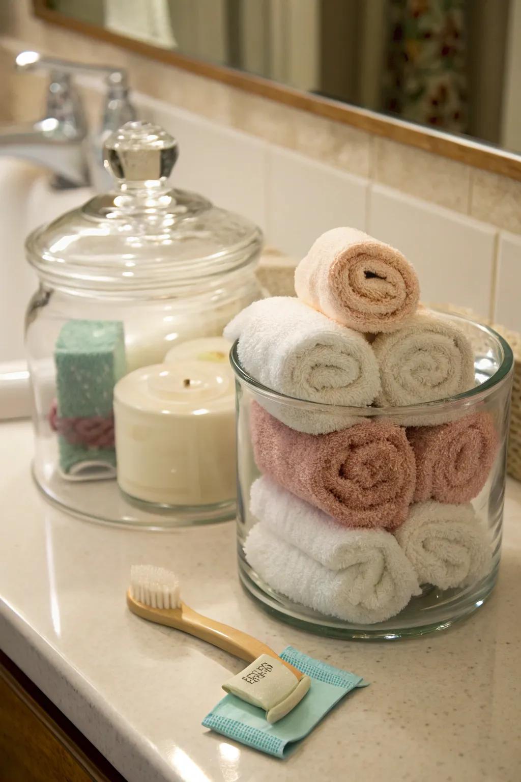Glass jars make for stylish and functional washcloth storage.