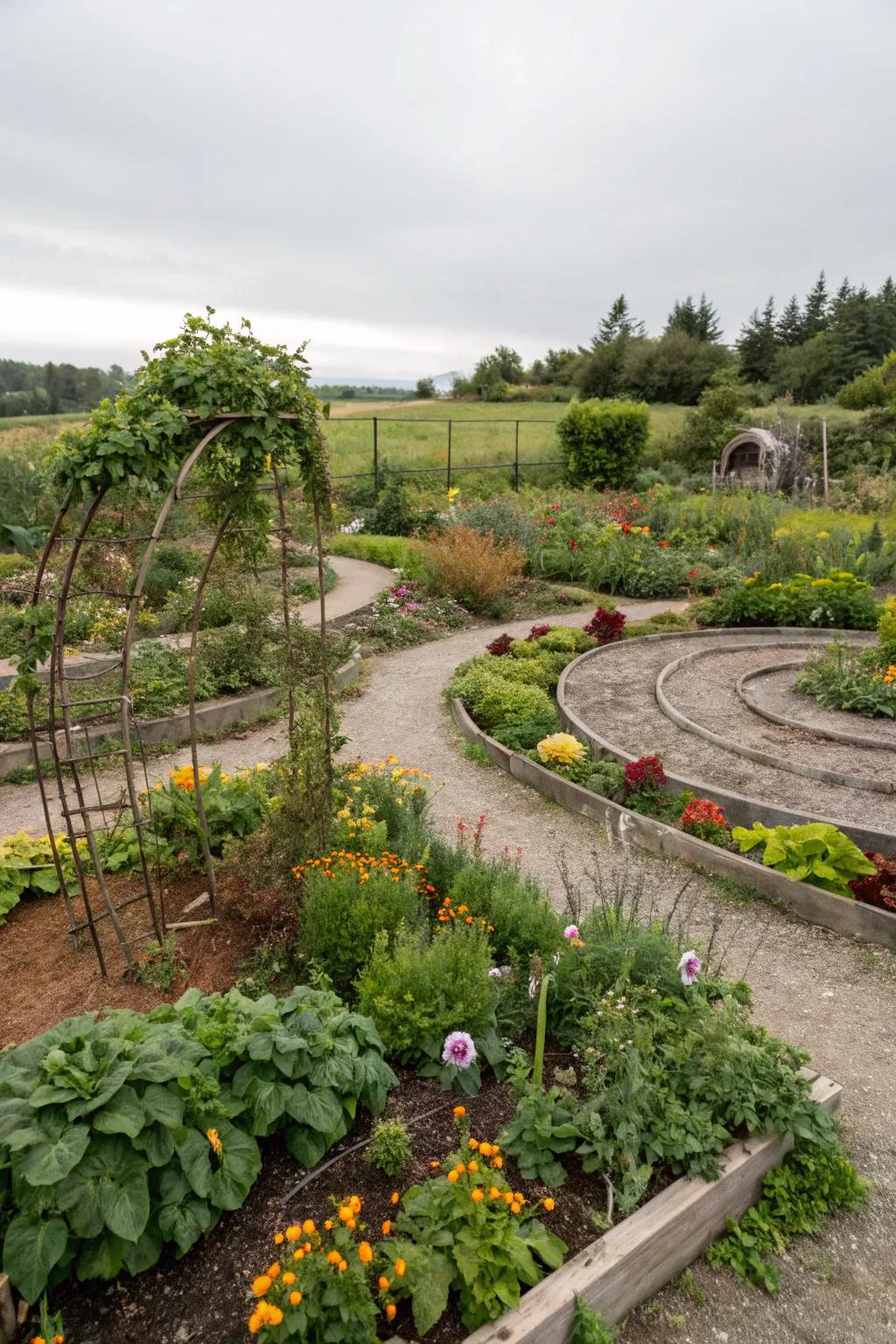 Permaculture spirals contribute to a structured and sustainable garden.