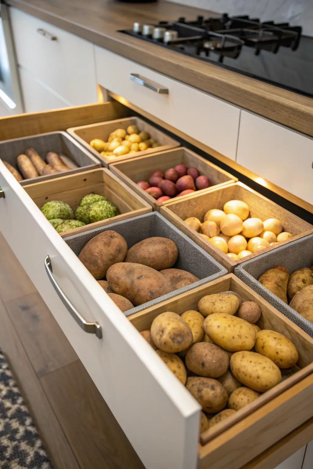 Neatly organized potato stowage thanks to kitchen drawer dividers.