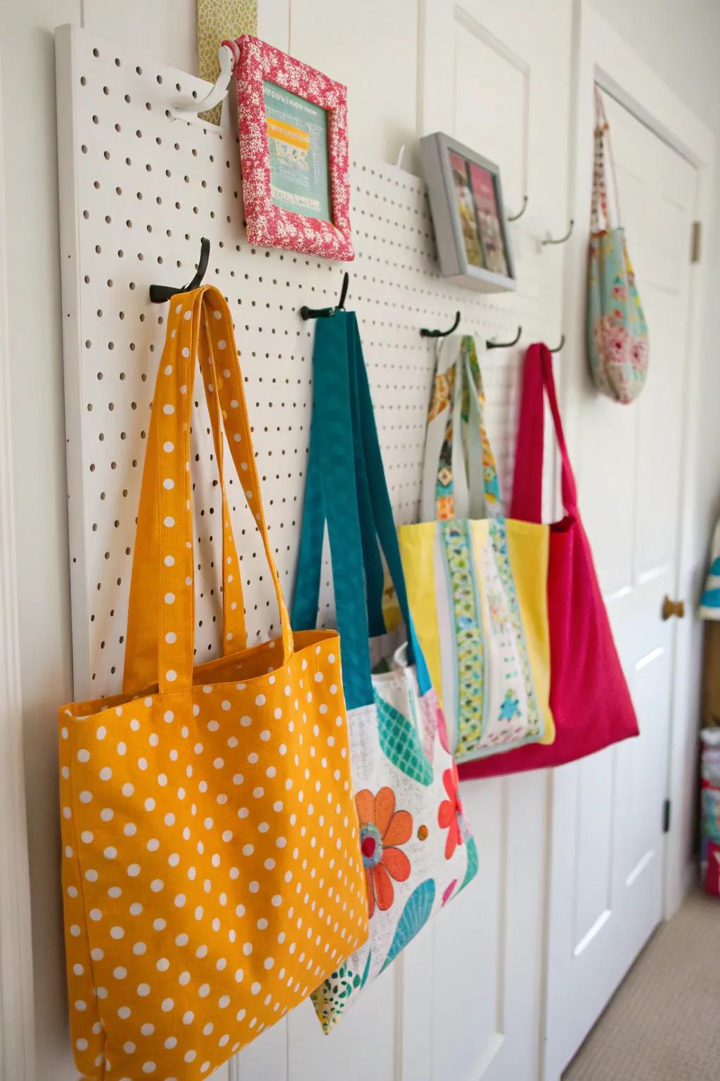 Displays of totes that are both adaptable and vibrant are made possible by pegboards.