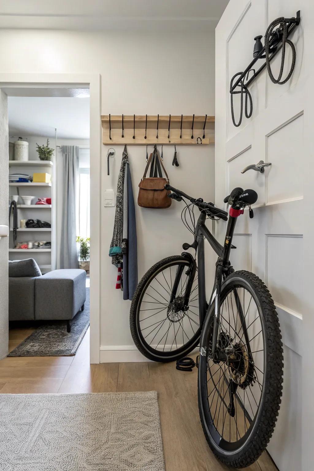 Hooks behind doors provide discreet bicycle storage.