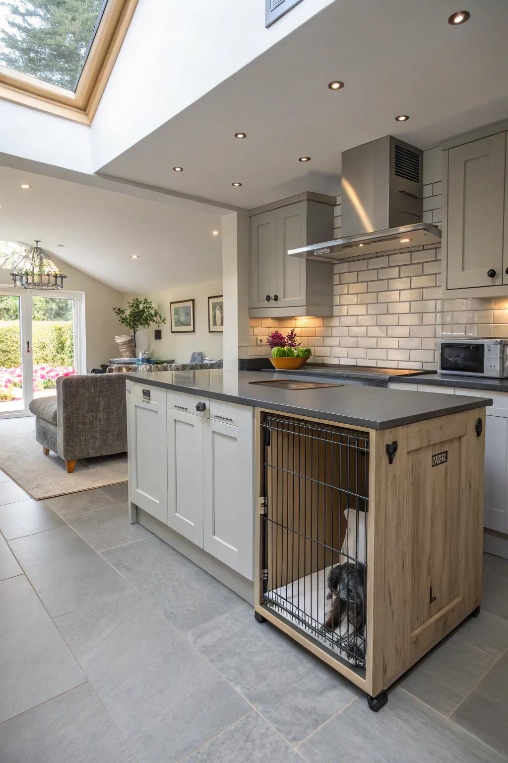 Cook with company: a kennel that fits seamlessly into your kitchen.