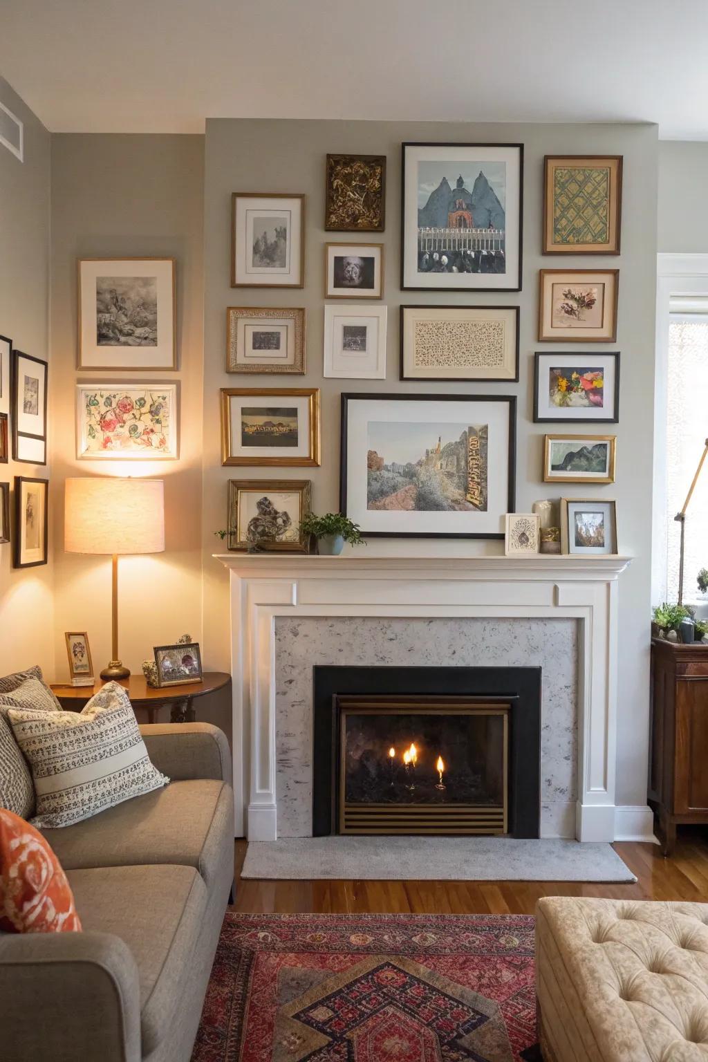 A living space featuring a gallery wall above a fireplace, turning it into an artistic centerpiece.