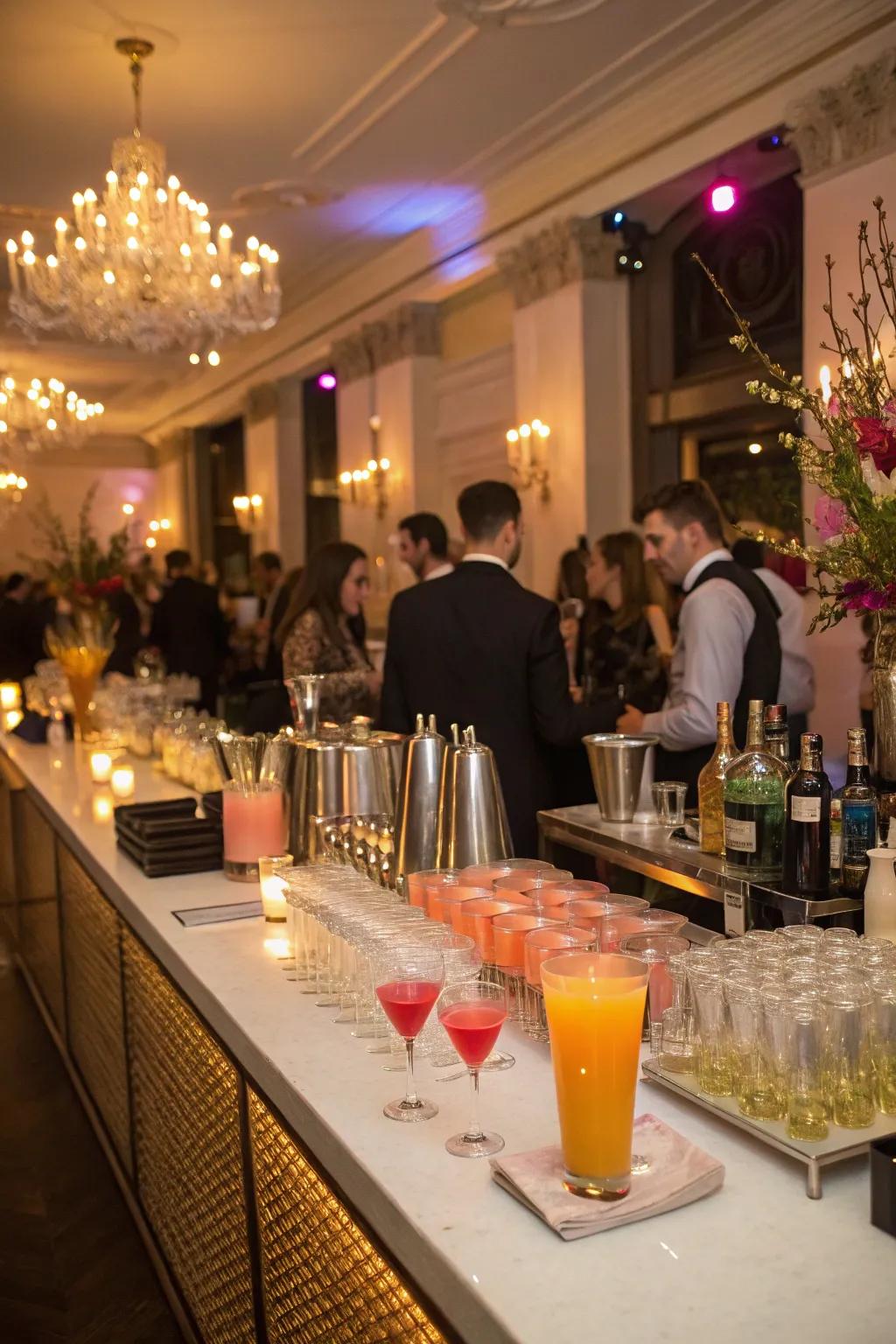 A sophisticated indoor party showcasing a chic mixed drinks bar.