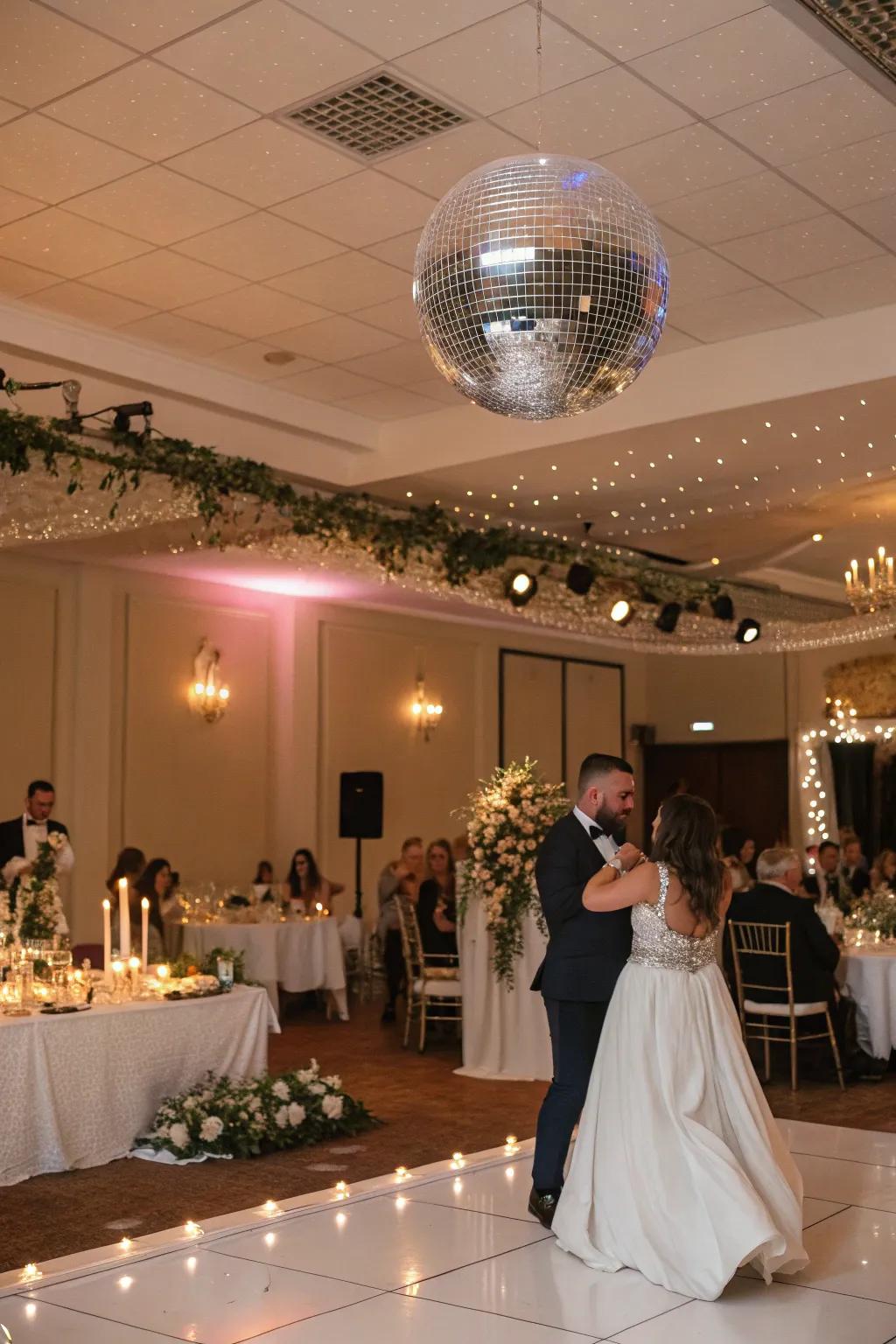 A mirrored sphere adds a fun, retro vibe to the dance floor.