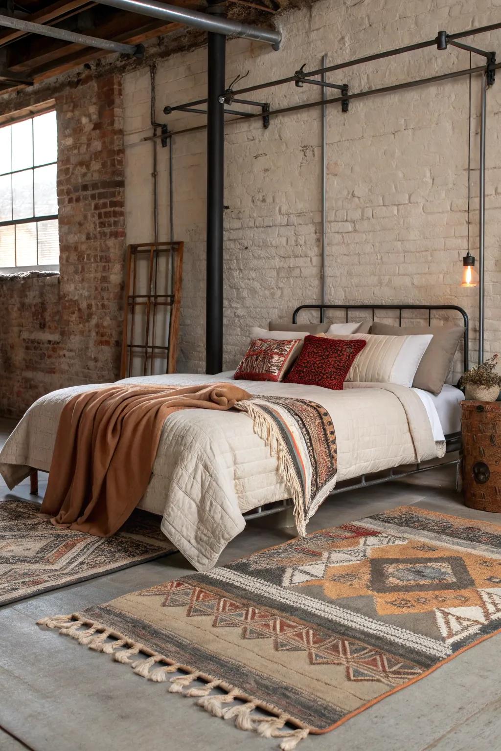 Layered cloths create a cozy ambiance in this industrial bedroom.