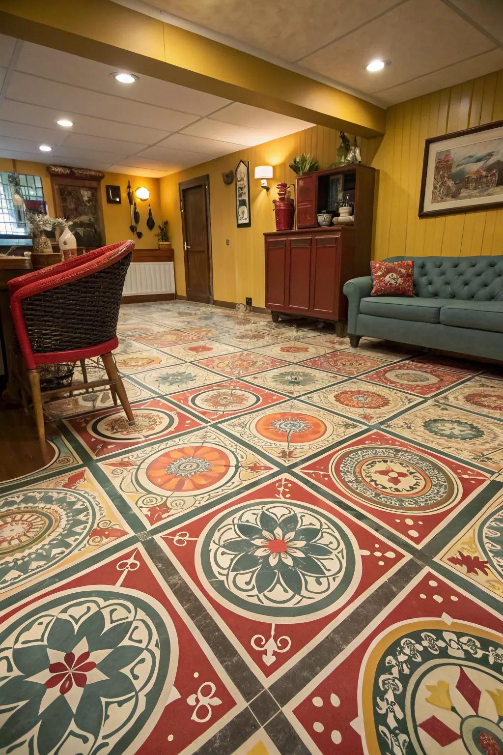Patterned linoleum injects a retro atmosphere.